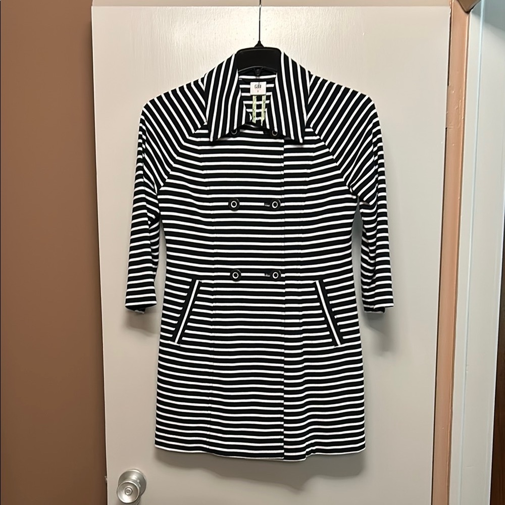 CAbi Black and White Striped Trench Coat